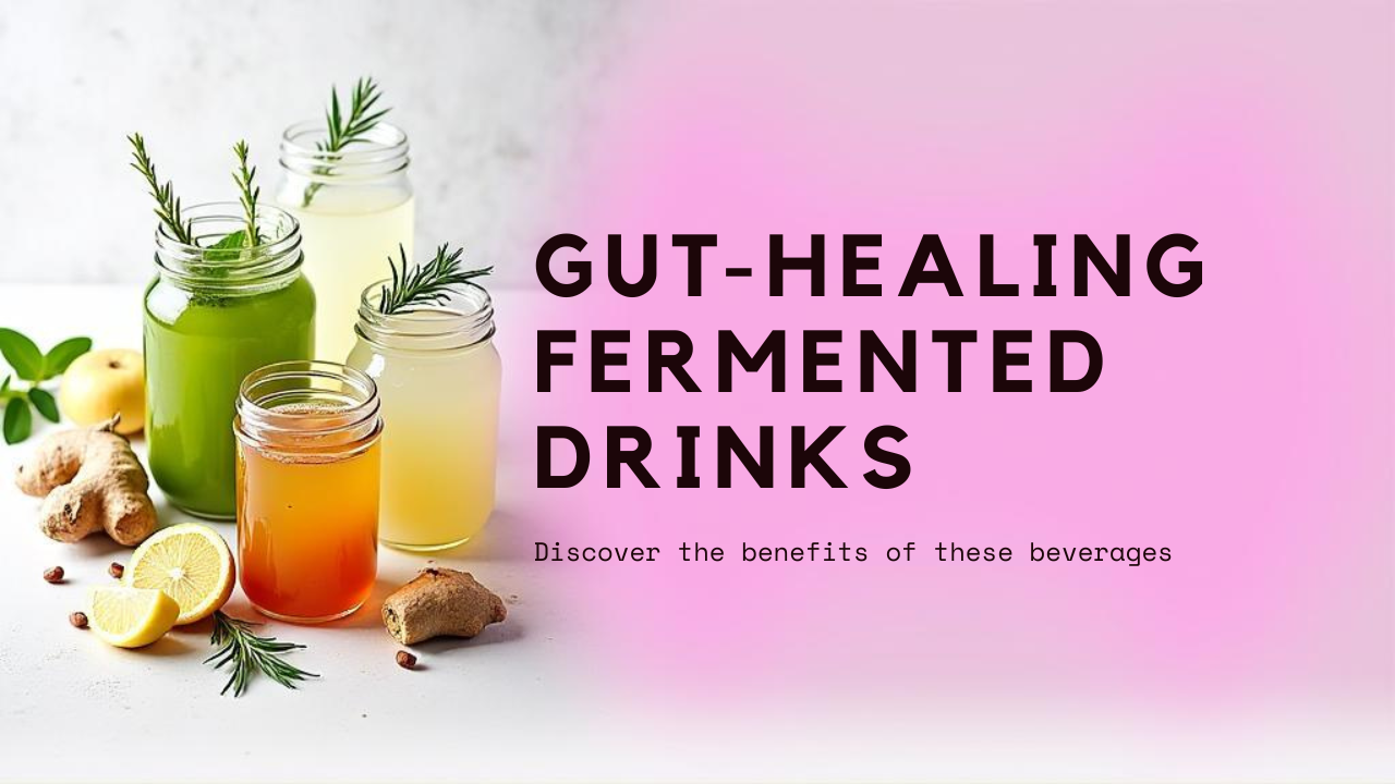 Assorted fermented drinks in jars with herbs and citrus, promoting gut healt