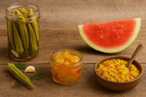 Pickled okra, watermelon rind pickles, and chow-chow on a rustic wooden table