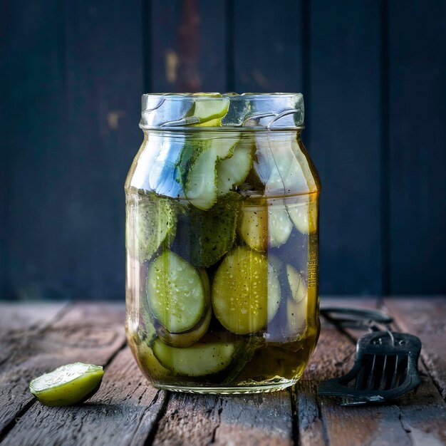 Glass jar filled with pickled cucumbers on a rustic wooden table