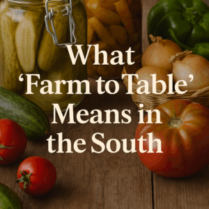 A rustic wooden table filled with fresh Southern vegetables, pickled jars, onions, peppers, and tomatoes, representing the farm-to-table tradition in the South.